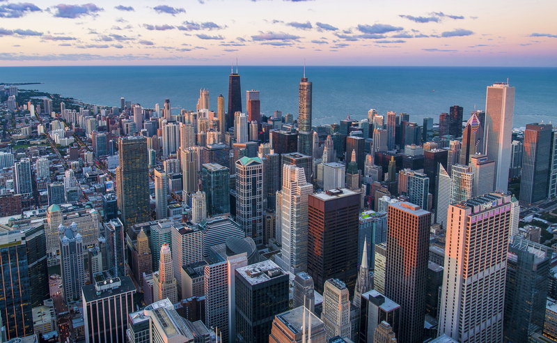 sunset, water, near, office building exterior, metropoli, downtown district, horizon, nature, sky, landscape, white, body, sears tower, aerial, crowd, willis tower