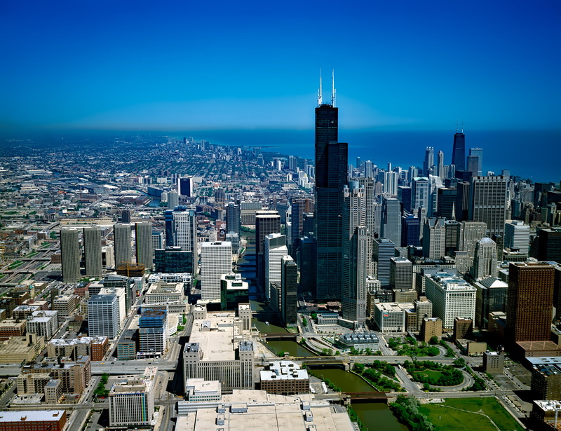 willis tower, building exterior, aerial view, downtown, tall - high, skyline, urban skyline, day, outdoors, built structure, buildings, landscape, building