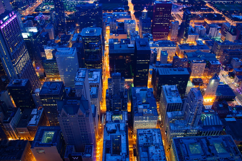 city, traffic, financial district, high angle view, skyscraper, buildings, lights, dusk, blue, building, office building exterior, perspective, built structure