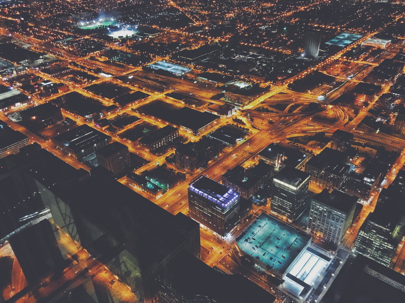 outdoors, 4K, residential district, night, willis tower, illinois, united states, lighthouse, aerial view, architecture, road, illuminated, city map, cityscape