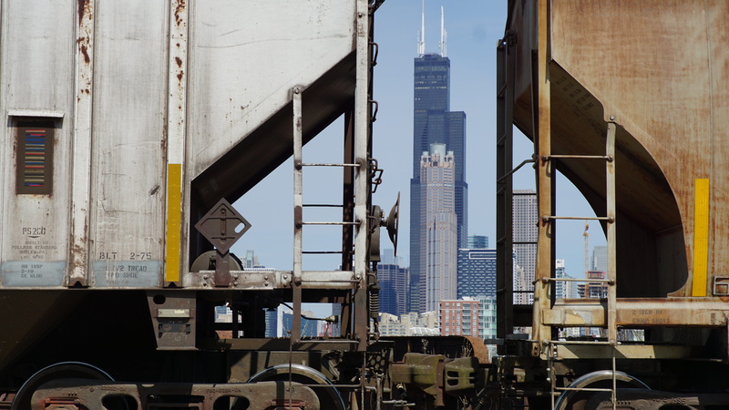 sky, architecture, shunting yard, built structure, office building exterior, railroad track, no people, nature, metal, sunlight, skyline, business, skyscraper willis tower
