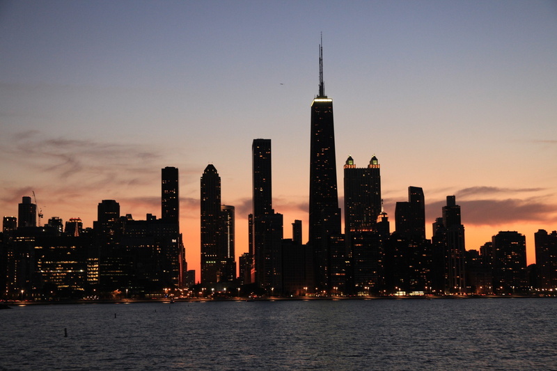 sunset, Chicago, cityscape, silhouette, city lights, Sears Tower, urban, 2K
