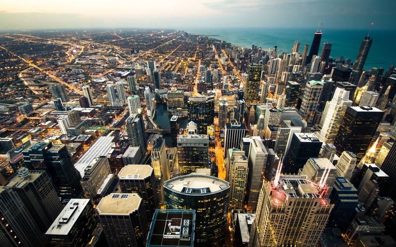 business, 4K, built Structure, building Exterior, tall - High, aerial, night, famous Place, river, modern, chicago, city Life, street, tower, new York City