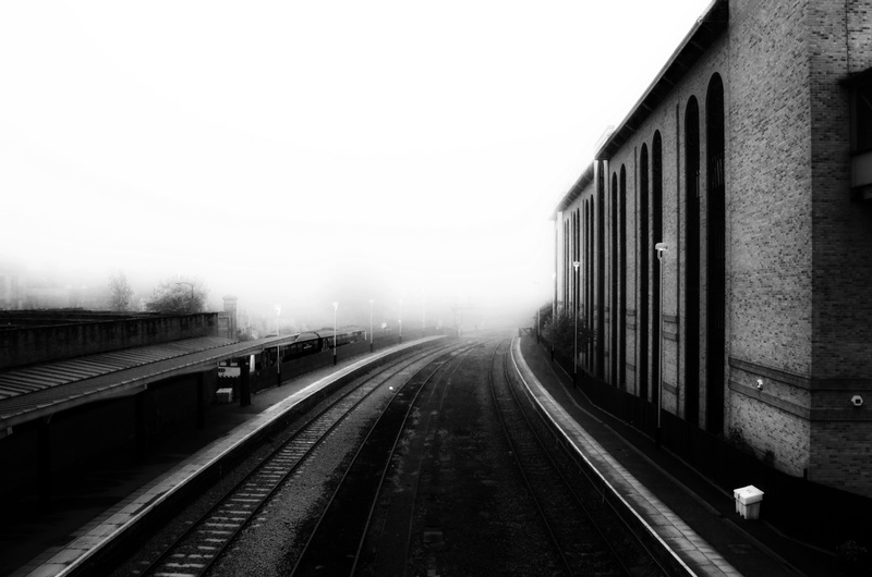 no people, nature, railroad track, curve, smog, dull, gloomy, nobody, morning, diminishing perspective, mode of transportation, gray, photography, track