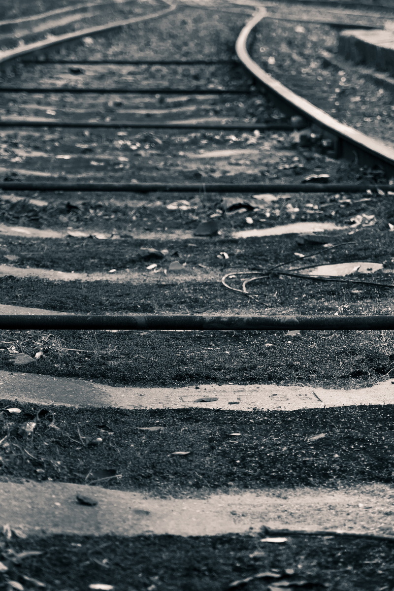 rail, railroad track, pattern, no people, high angle view, railway, metal, street, wheel, design, transport, road, wood - material, textured, day, black color