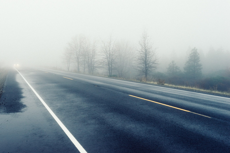 road marking, landscape, no people, fog, haze, tree, winter, asphalt, transportation, journey, traffic, symbol, beauty in nature, wet, car, the way forward