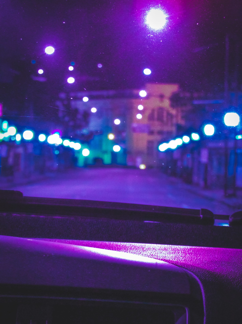 trees, dashboard, indoors, car interior, night, noise, land vehicle, lifestyle, windshield, wild, neon, car, landscape, no people, live, mode of transportation