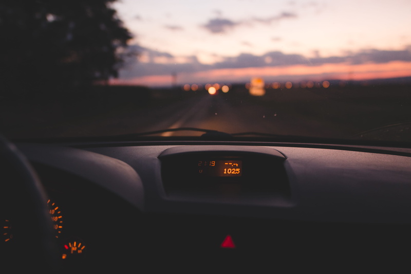dashboard, glass - material, driving, car point of view, sky, instument, cloudy, open road, cluster, indoors, car, 5K, photo, motor vehicle, dusk, black interior
