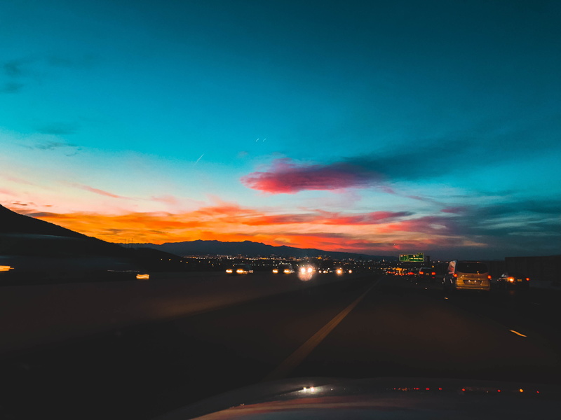vehicle interior, driving, spring, architecture, city, lights, illuminated, sunrise, 4K, sky, way, flashing lights, las vegas, cloud - sky, on the move