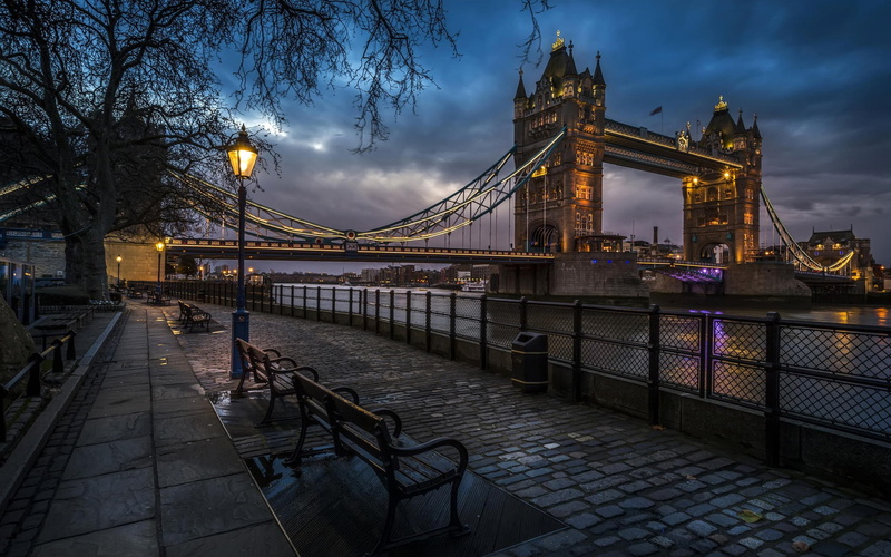 Benches, Bridge, Lights, 1080P, Sidewalk, Tower, London, England, Evening, River