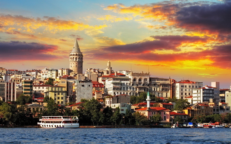 Boat, Turkey, Sea, Clouds, Istanbul, 2K, Buildings, Sunset
