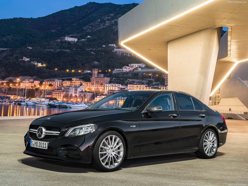 parking, residential district, outdoors, transportation, nature, city, illuminated, building, car, 2019 Mercedes-Benz C43 AMG 4Matic, no people, street