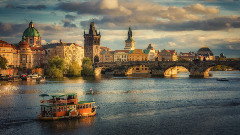 river, Prague, Charles Bridge, Czech Republic, Elbe, cityscape, 1080P, vehicle, bridge