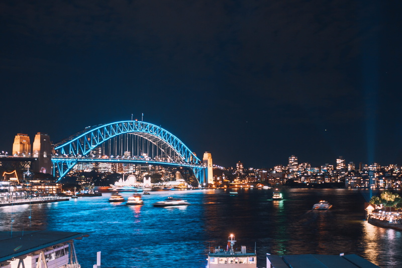 sydney, travel destinations, bridge, building, transportation, connection, building exterior, sky, blue, illuminated, built structure, nautical vessel
