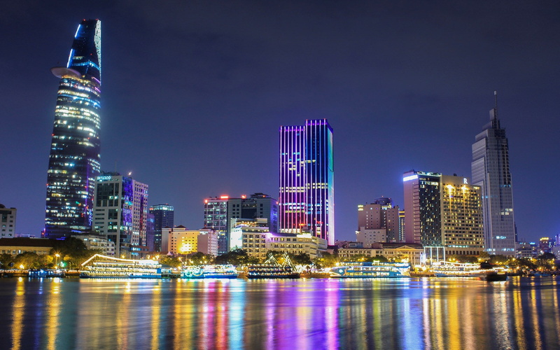 downtown district, architecture, night, illuminated, waterfront, 1080P, city, building exterior, building, travel destinations, ho chi minh city, bay