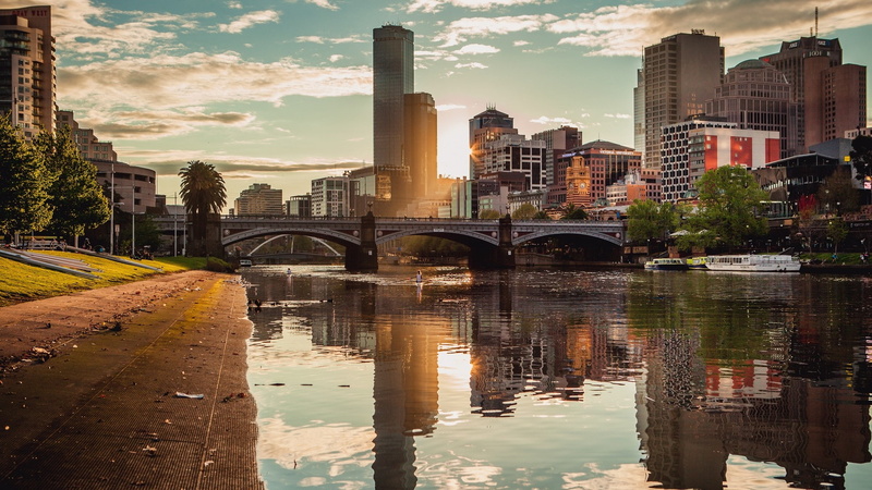 sun rays, river, sun, building, bridge, city, 1080P, melbourne, rays, australia, cityscape, skyscraper, trees