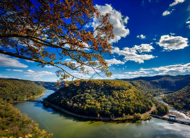 beauty in nature, summer, no people, hills, 1080P, clouds, cloud - sky, rural, horseshoe bend, fall, change, new river, outside, tranquility, autumn, day