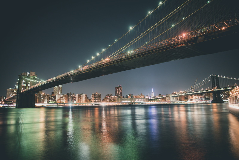 brooklyn, 8K, sky, built structure, illuminated, transportation, skyline, reflection, bridge, outdoors, new york, river, a7rii, cityscape, city, night