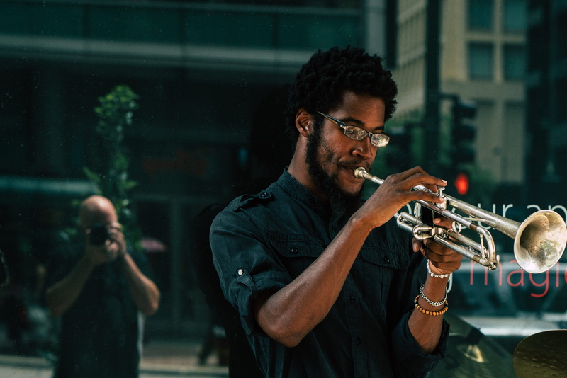 glasses, beard, sony, a7rii, men, brass instrument, 5K, adult, skill, young adult, front view, united states, state street, musician, one person, music