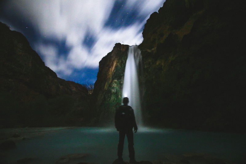 front, standing, body, leisure activity, waterfall, night, Havasu Falls, mountain, looking at view, land, people, tranquility, beauty in nature, iceland