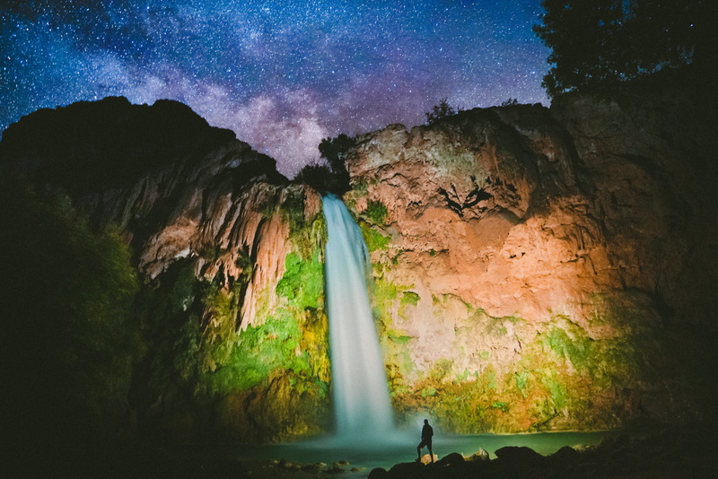dark, painting, moon, mountain, river, hiking, havasu, awe, sky, famous Place, universe, paradise, backgrounds, landscape, waterfall, fantasy, galaxy, outside