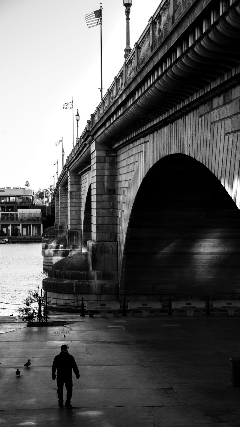 bridge - man made structure, mystery, one person, 5K, city, lake havasu city, dock, rear view, real people, water, dark, transportation, architecture