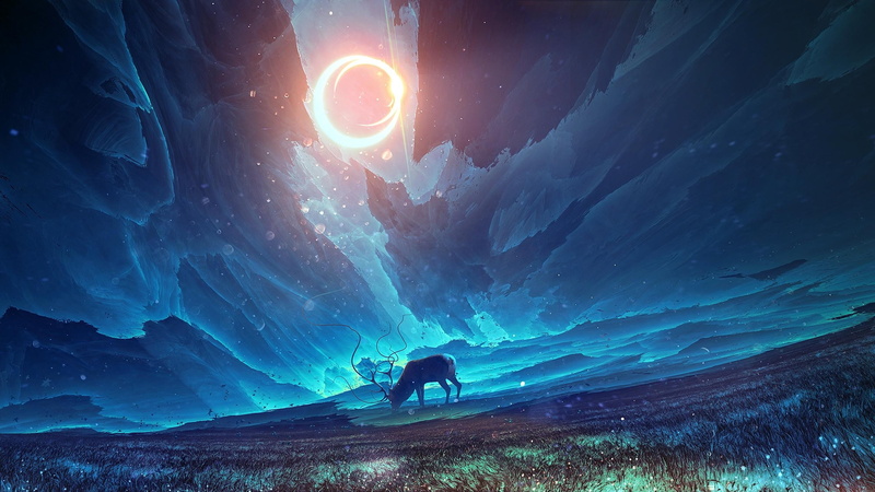 field, fantasy world, light, deer, 2K, surreal, magic, Fantasy