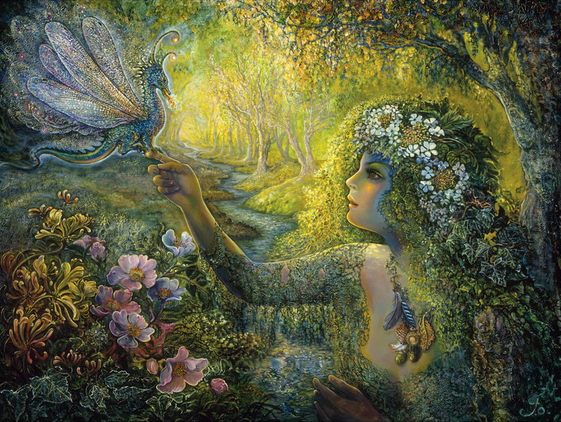 leaves, 2K, forest fairy, dragon, trees, picture, Josephine Wall, Dryad and the dragonfly, face, forest stream, flowers, female image, painting, fairy forest