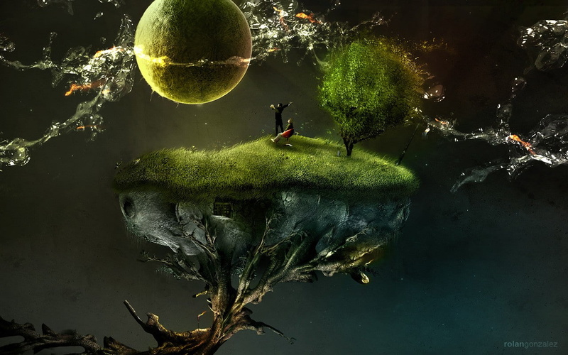 hd, science, Abstract, x, people, space, art, trees, 720P, Green, fiction, planets, world, islands, surreal