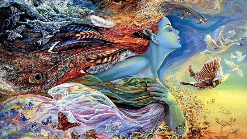 female image, The spirit of flight, the air, elf, surrealism, painting, feathers, fantasy world, butterfly, birds, 1080P, picture, wings, Josephine Wall