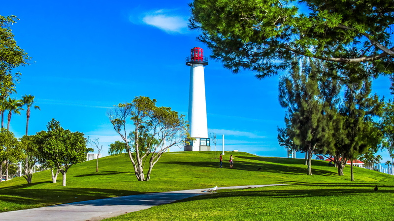 white, green  blue, marine, maritime, red, frame, white  light, Long Beach, shore, tourist, CA, visit, trees, daytime, light  house, surrounded, grass