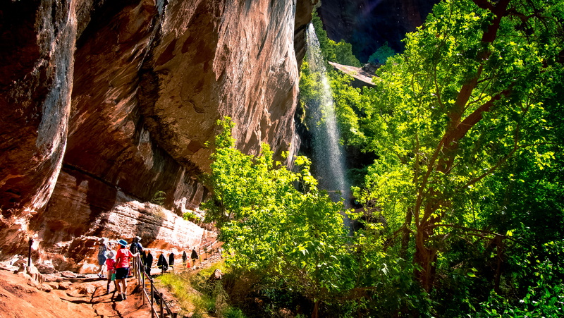 red  orange, Backside, nature, outdoor, droplets, mountain, beside, grotto, hike, western  desert, waterfall, cave, wet, adventure, family, sun  light