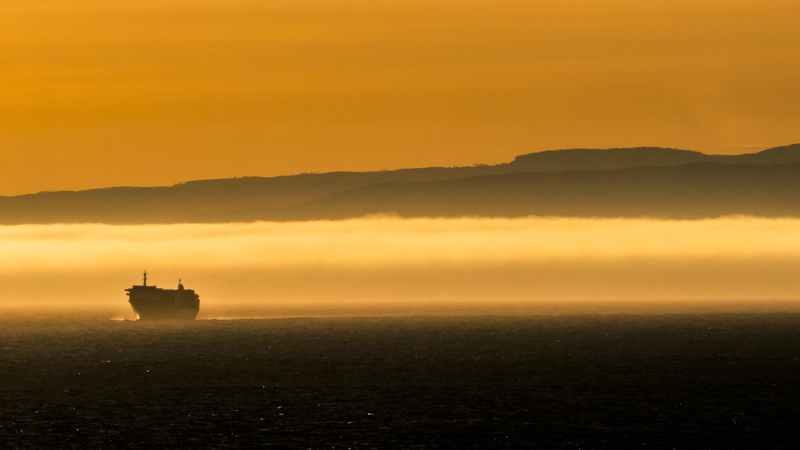 solitary, industrial Ship, artistic, orange, 1080P, nautical Vessel, shipping, mountains, creativecommons, sky, water, container Ship, sunset, monochrome