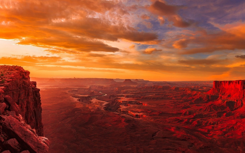 1080P, travel, landscape nature sunset utah canyonlands national park river clouds erosion red gold panoramas, dramatic landscape, nature, arid climate