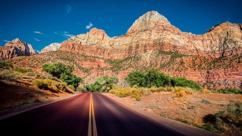mountain range, climate, transportation, Zion National Park, solid, direction, semi-arid, travel, rock formation, sky, road, diminishing perspective, arid climate