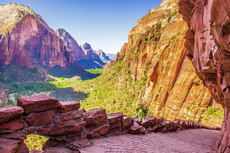 park, mountains, Zion National Park, steps, green, Utah, trees, 2K, Sunset, zion, cliff, USA, stones, paint, walkway, national, sky, leaf
