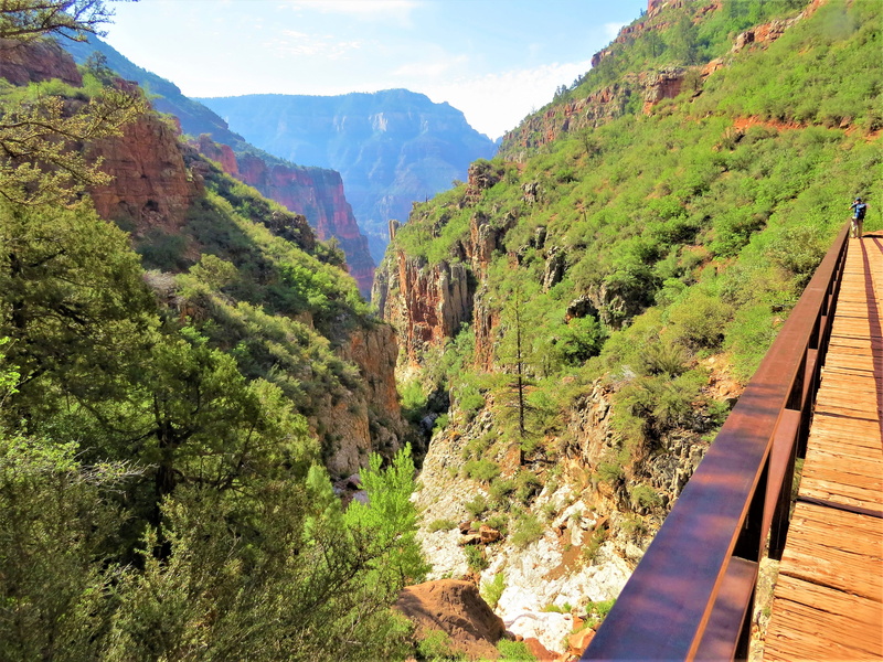 scenic, hiking, beauty in nature, outdoors, water, tranquil scene, 4K, idyllic, green color, scenics - nature, bridge, sky, north rim grand canyon, mountain