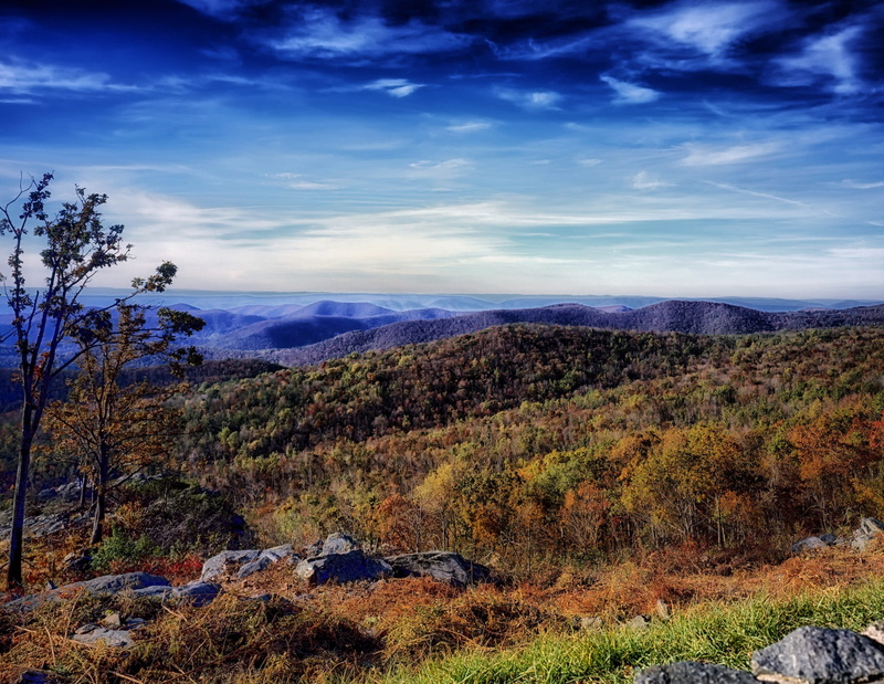 mountain, rock - Object, clouds, sky, tranquility, forest, remote, hdr, pont overlook, trees, land, countryside, Virginia, country, fall, outdoors, cloud - Sky