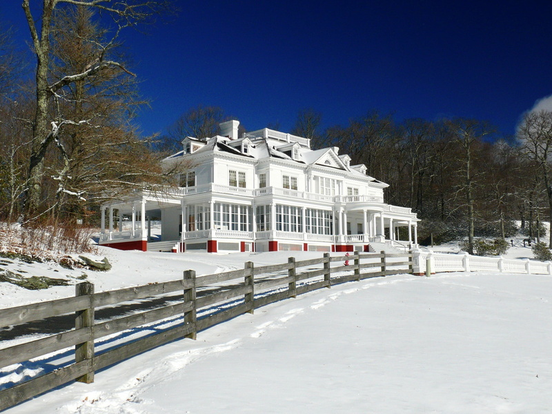house, snow, fence, cold temperature, travel destinations, winter, travel, tree, building exterior, landscape, cone memorial park, mansion, environment