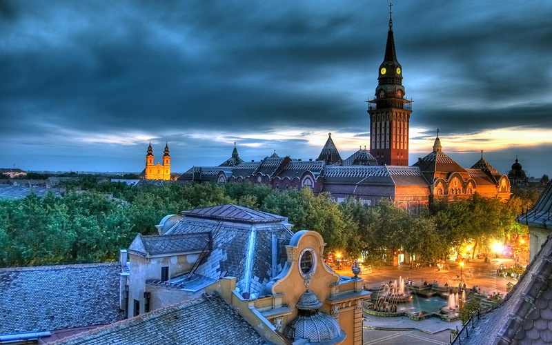 subotica, nature, buildings, beautiful, architecture, trees, lights, colorful, serbia, city, 1080P