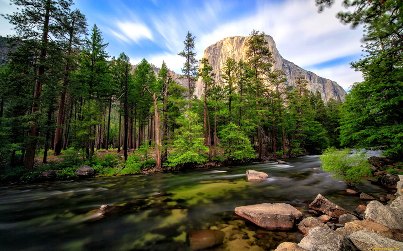 water, clear, clouds, forest, rocks, stones, yosemite, beauty in nature, sky, rock - object, solid, outdoors, growth, cloud - sky, scenics - nature, rock