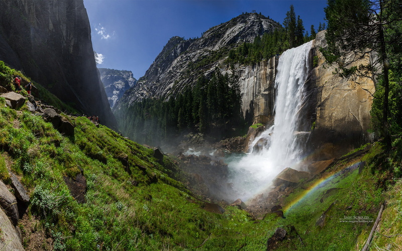 California, Merced River, Yosemite National Park, Nature, Tree, Waterfall, Waterfalls, Mountain, 1080P, Rainbow, Vernal Fall, Earth, Rock