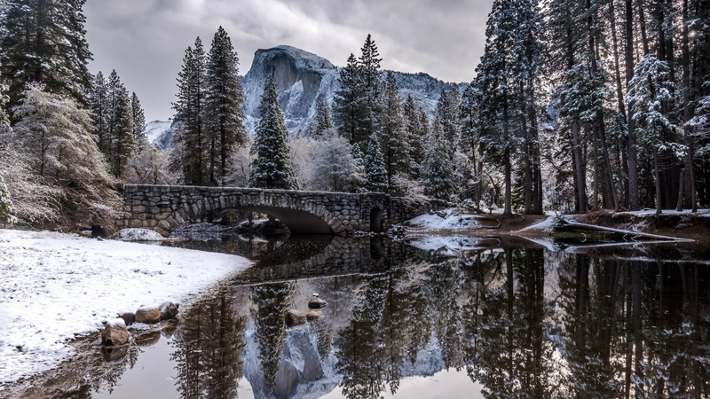 day, plant, frozen, river, 1080P, architecture, yosemite national park, yosemite valley, merced river, cloud - sky, united states, snow, reflection, clarks bridge