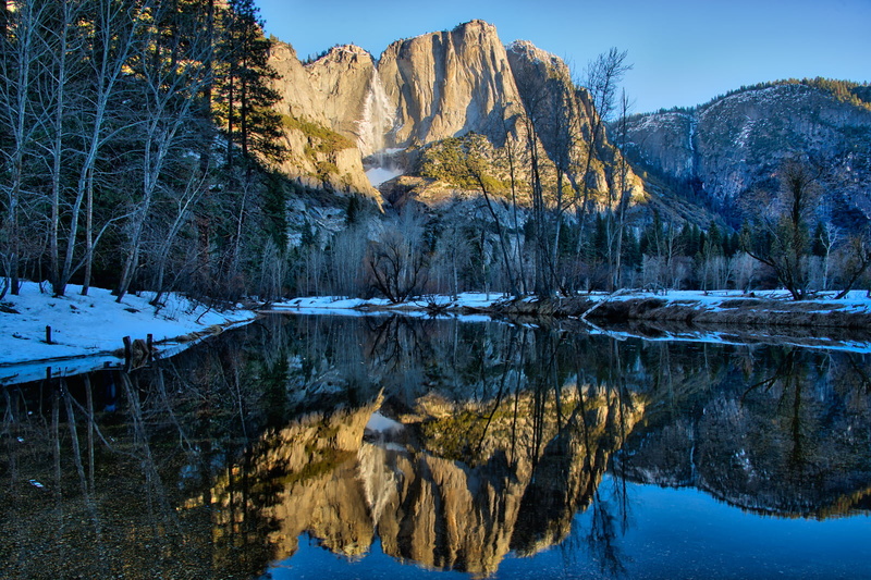 Yosemite Falls, sunrise, reflection, landscape, mountains, ca, 720P, photo, Merced River, daytime, lake, national park