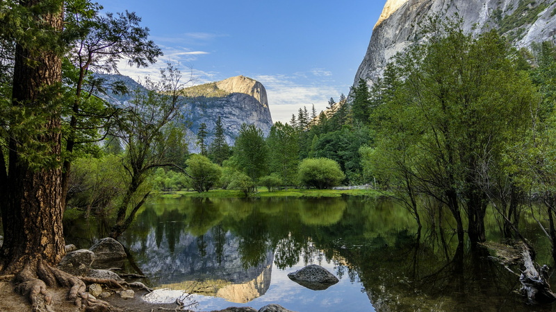 mirror lake, scenics - nature, tenaya canyon, mountain lake, sky, national park, beauty in nature, tranquility, lake, landscape, yosemite national park