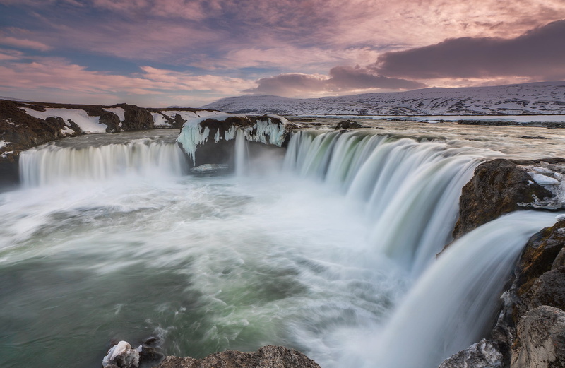 falls, NE, sunset, beauty In Nature, outdoors, river, ice, water, falling, scenics, landscape, long exposure, nature, Waterfall, 1080P, snow, Skjálfandafljót