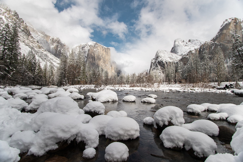 scenics - nature, cold temperature, rock, daytime, solid, yosemite, merced, water, tree, landscape, coniferous tree, no people, stones, nature, cold, scenery