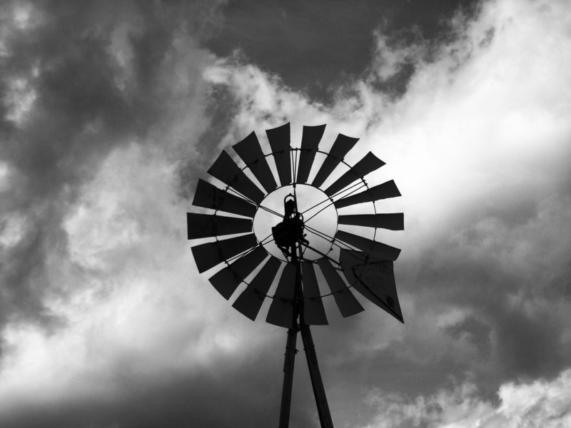 traditional windmill, alternative energy, water pump, backlight, windmill, clouds, sunrise, day, black and white, b and w, renewable energy, sunset, no people