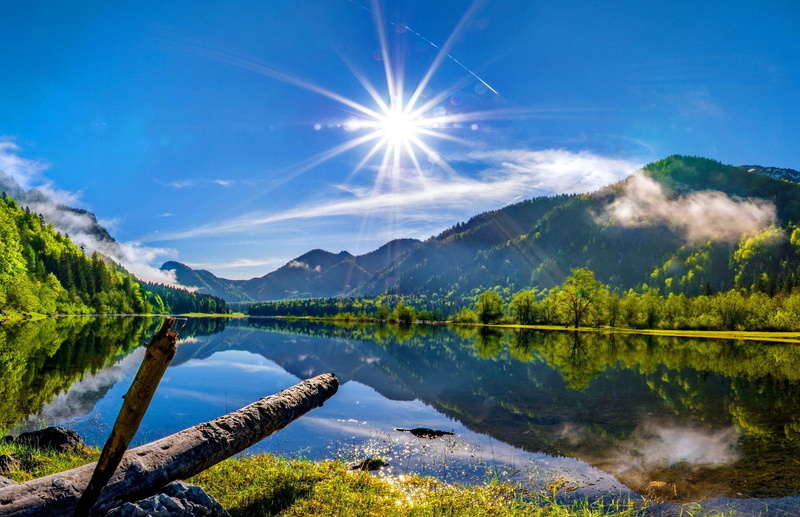 mirrored, river, shore, water, mountain, 1080P, bright, riverbank, lake, lakeshore, clear, beautiful, peaceful, sun, calm