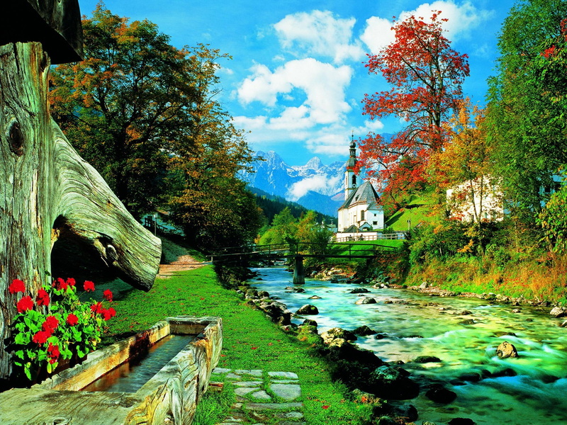 place, stones, shore, church, trees, calm, beautiful, riverbank, 1080P, flowers, lovely, rocks, countryside, village, nice